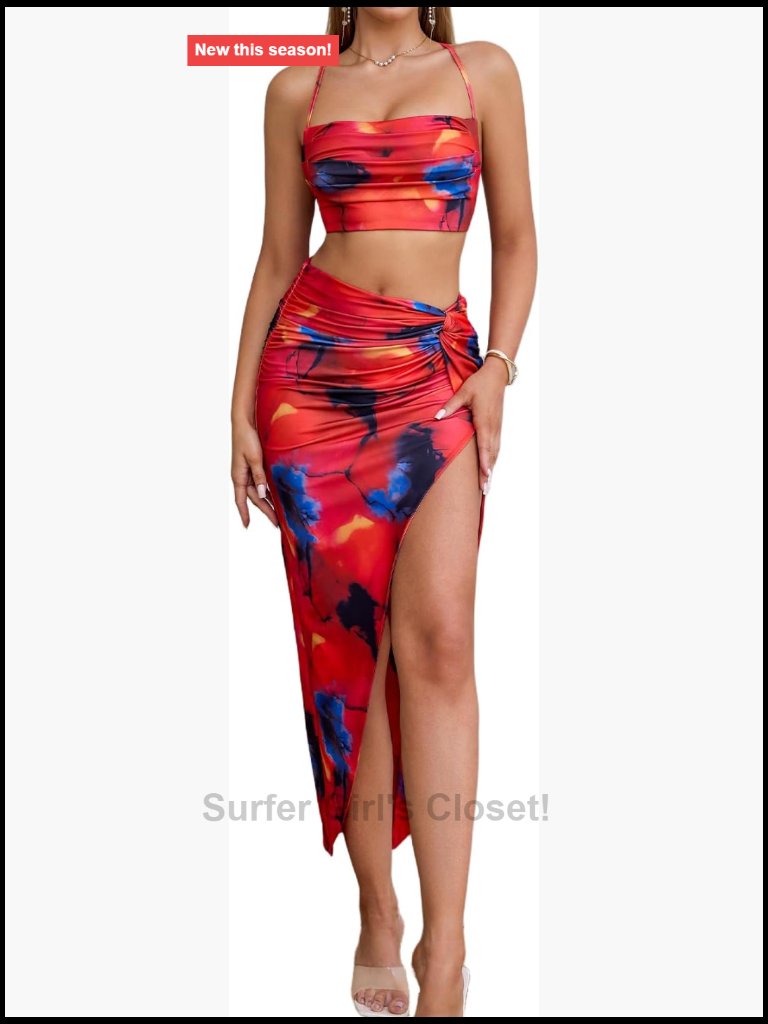 Two Piece Skirt Set Asymmetrical High Slit Night Out Dress Set